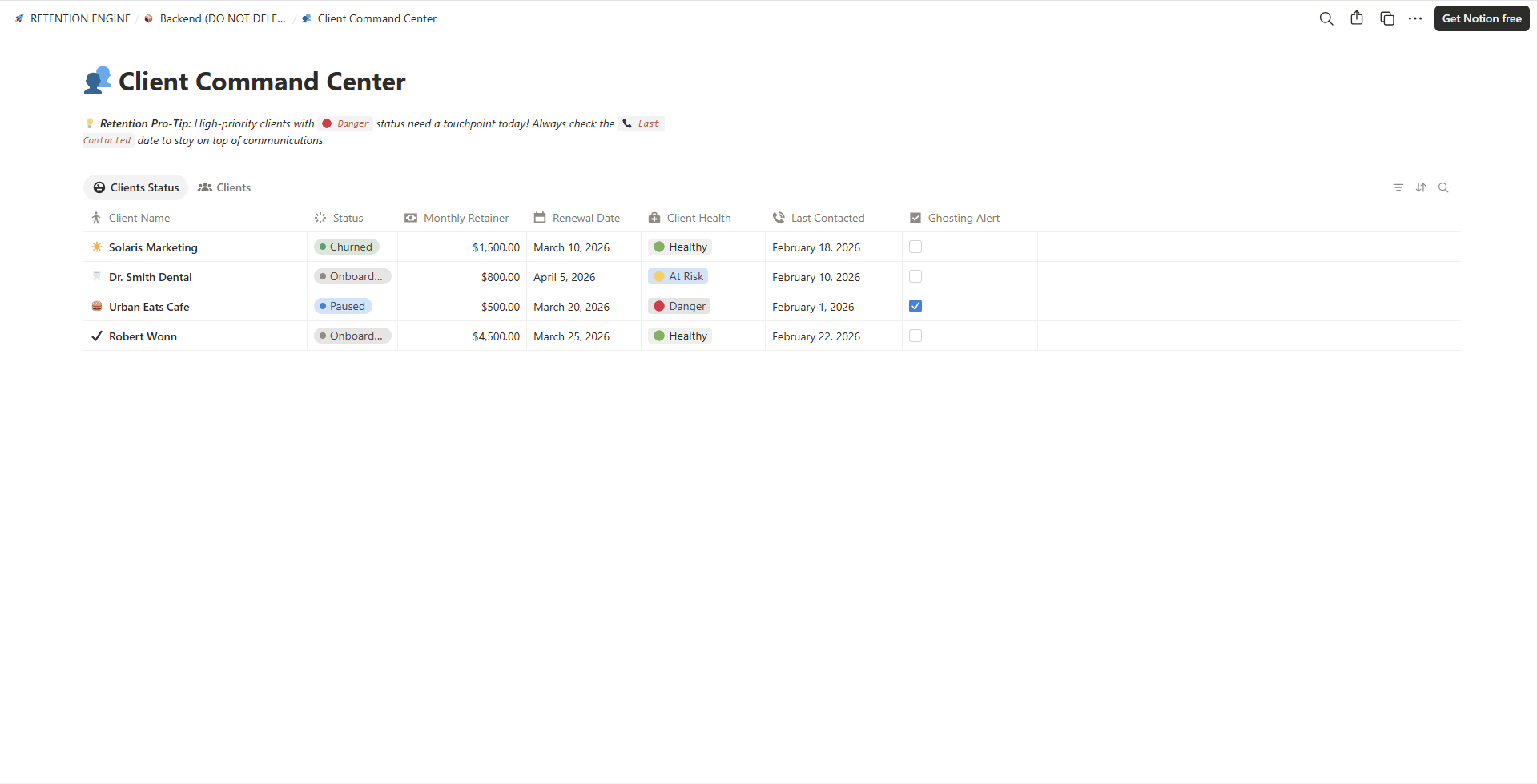Client command center view consolidating each client's work in one place