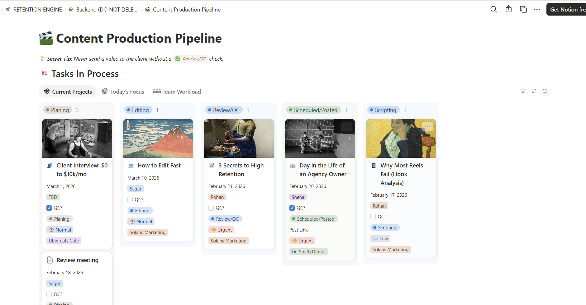 Content production pipeline board tracking content work through stages
