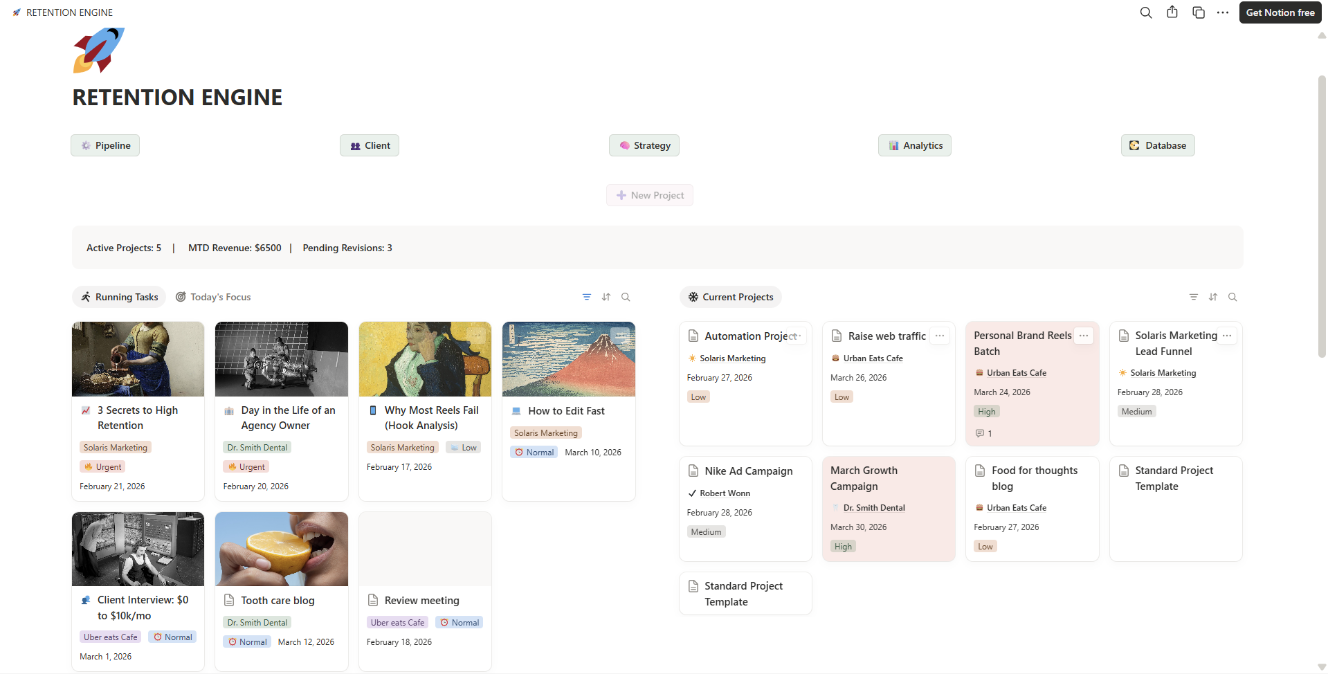 Retention Engine dashboard showing an overview of clients, projects and agency operations