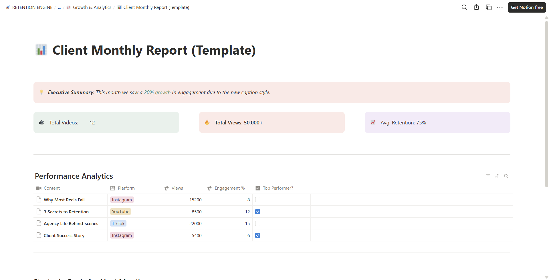 Client monthly report template with structured sections for reporting