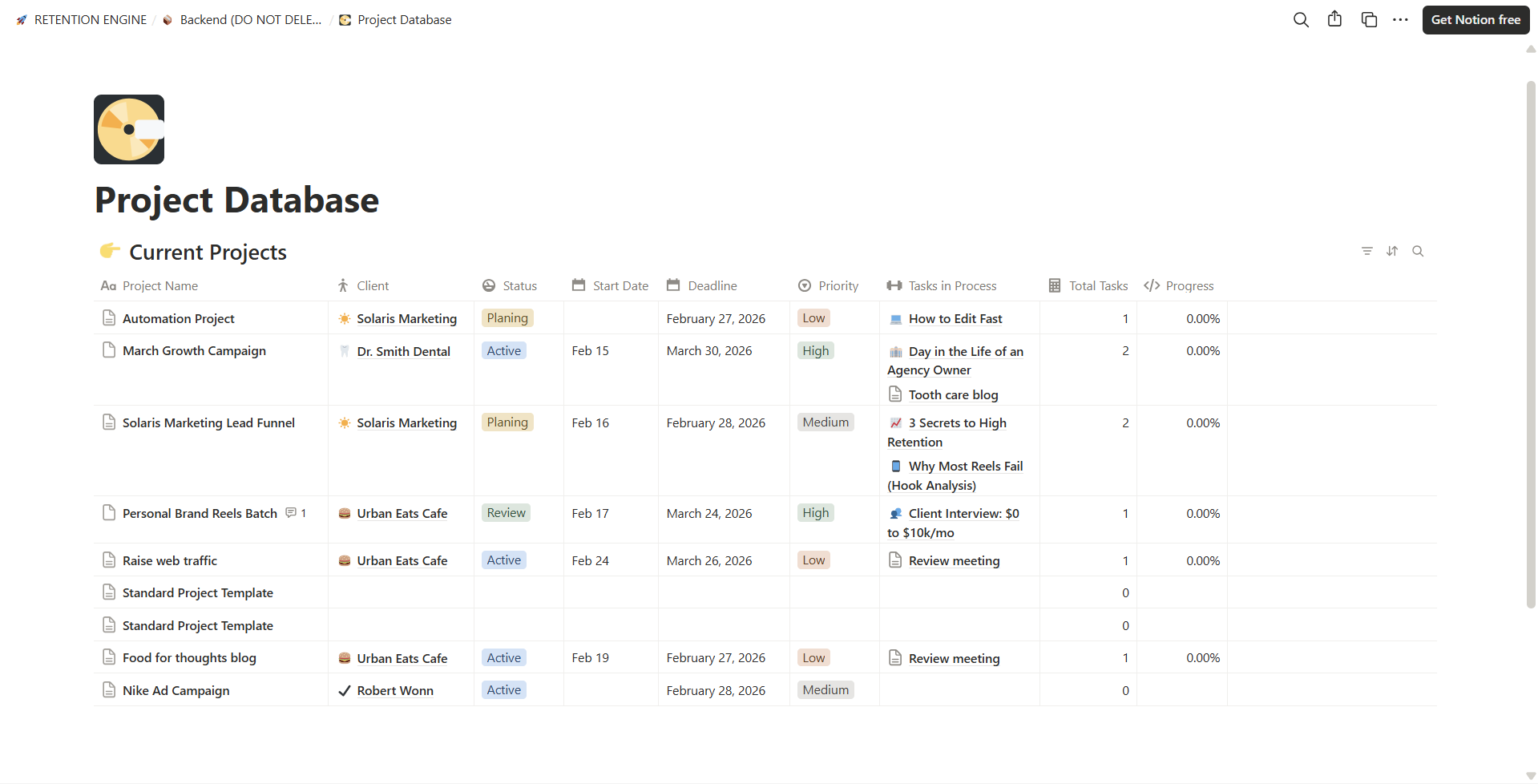 Project database listing agency projects in a structured table